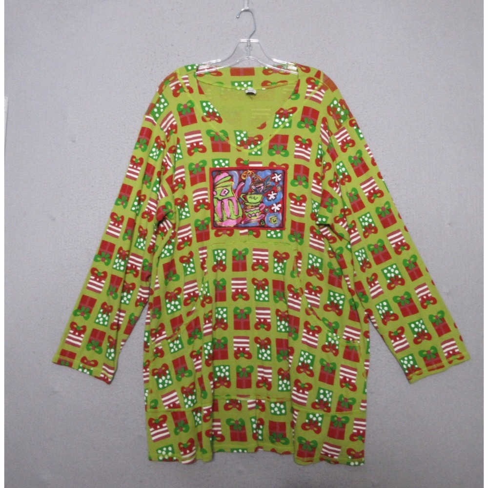 Holiday Top Tunic Women Green Red Present Pockets Teacup‎ Made in USA Christmas